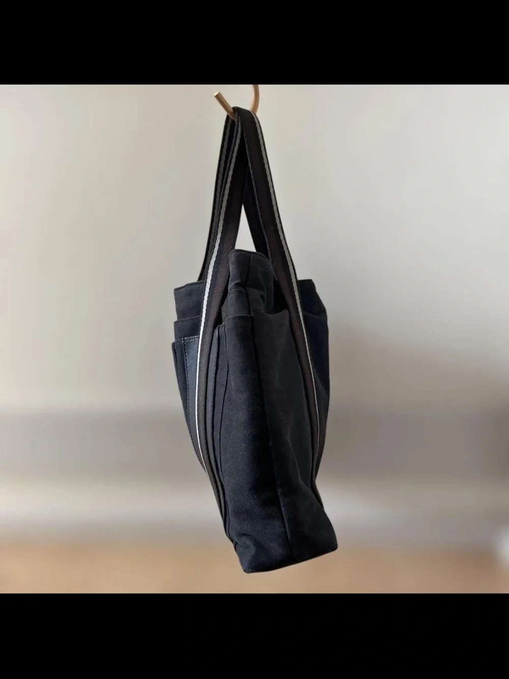 Hermes Black Canvas Tote with Brown and Gray Striped Straps